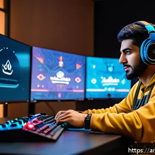발로란트 콘텐츠 제작의 팁 - A dynamic digital art scene featuring a Middle Eastern Valorant player in casual esports attire, sit...
