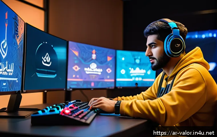 발로란트 콘텐츠 제작의 팁 - A dynamic digital art scene featuring a Middle Eastern Valorant player in casual esports attire, sit...
