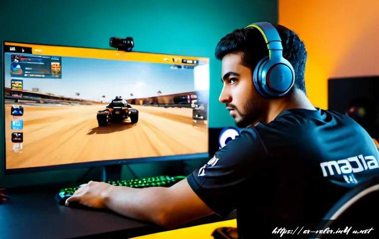 발로란트 인기 영상 콘텐츠 추천 - Photorealistic young Arab male esports creator in a modern Riyadh gaming room, wearing headphones an...