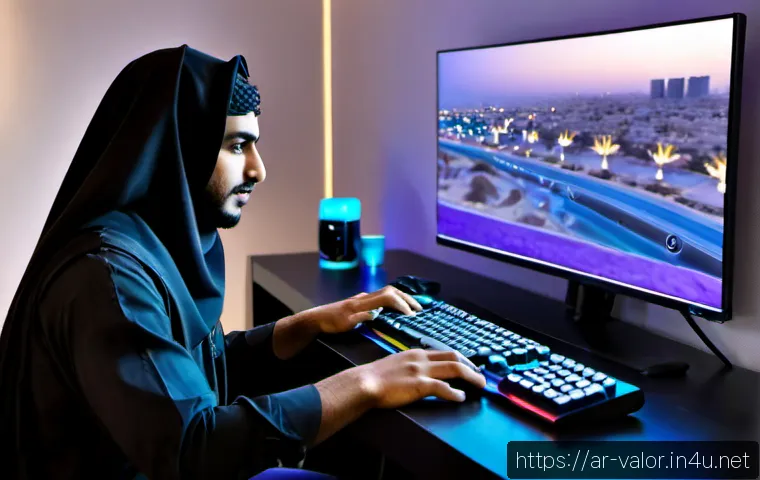 발로란트 유료 콘텐츠 할인 정보 - Photorealistic modern gaming desk in a stylish Riyadh apartment at evening, young Arab adult gamer c...