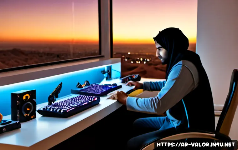 발로란트 스킨의 진화와 변화 - Photorealistic modern gaming desk in a stylish Middle Eastern apartment at dusk, a young Arab gamer ...