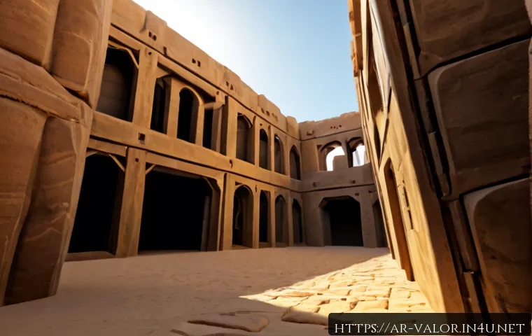발로란트 맵별 숨겨진 명소 - Photorealistic cinematic view of a hidden tactical vantage point in a futuristic desert-city combat ...