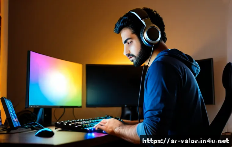 발로란트 PC 사양 최적화 방법 - Photorealistic Arab gamer optimizing a modern desktop PC in a tidy home office, focused adult wearin...