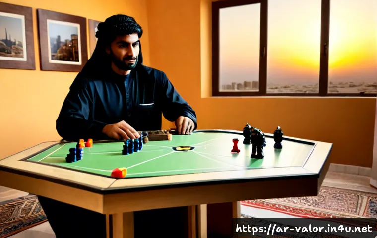 발로란트 맵 디자인의 중요성 - Photorealistic Arab game designer in a modern Dubai-style studio, studying a large tabletop miniatur...